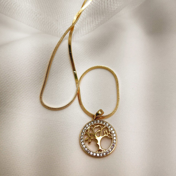 Подвеска "Дерево жизни" / Кулон 2,0 см. на цепочке Snake под золото / Украшение женское на шею в обрамлении камней